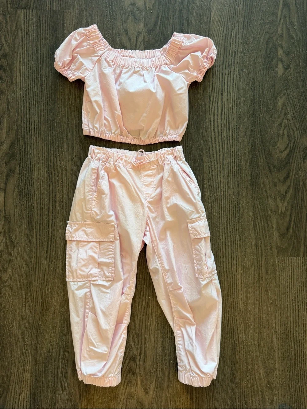 Girls Pink Peony Parachute Cargo Set - Breathable Pull-On Pants & Crop Top, NEW